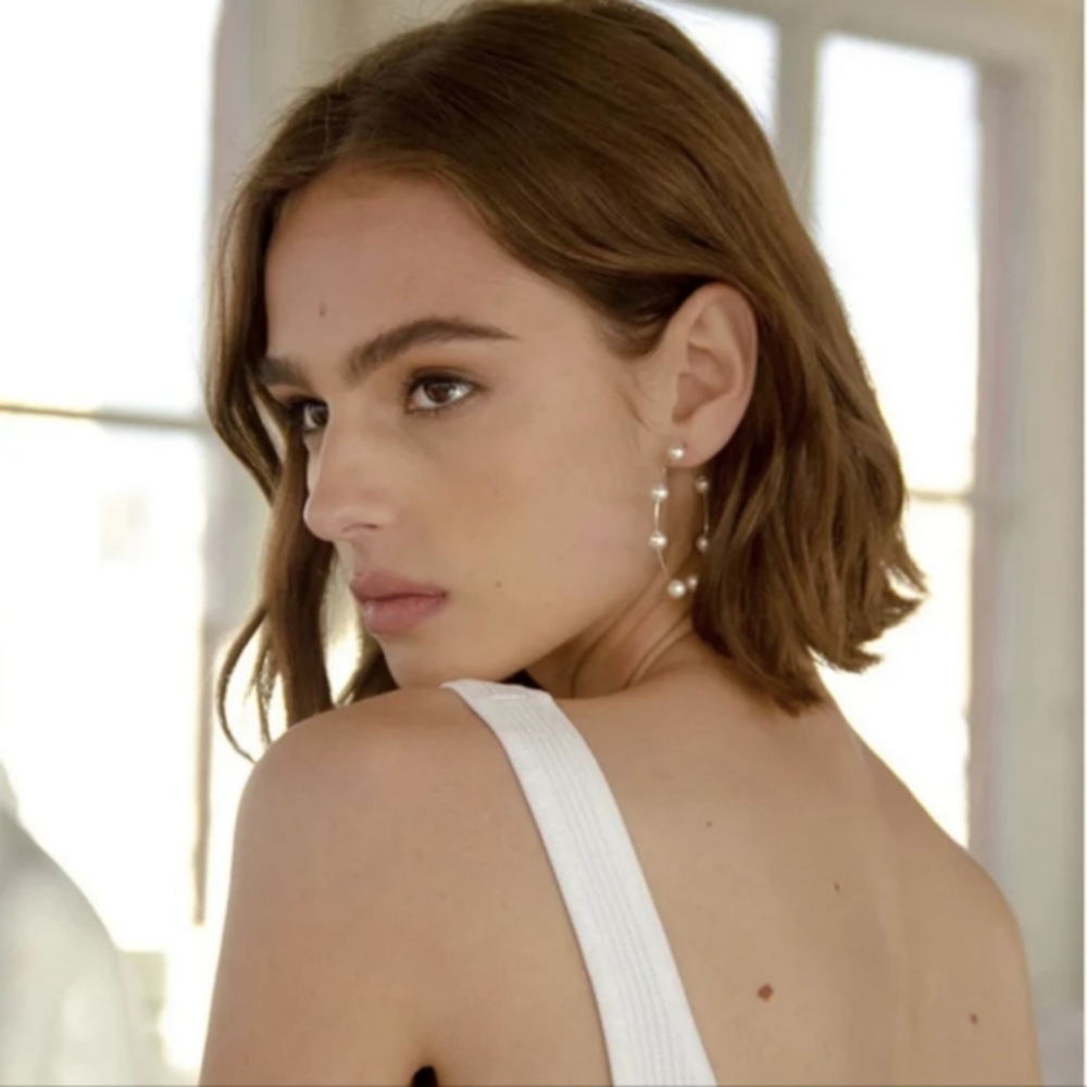 2.5" Pearl Gold Hoops Thin Oversized Hoop Statement Earrings New Boho